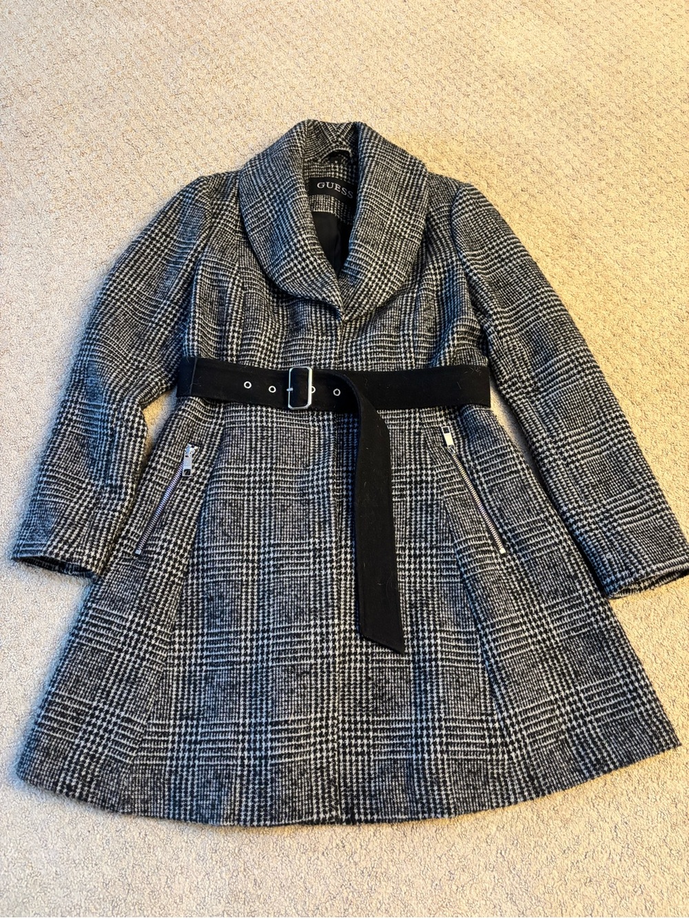 GUESS Black & Gray Plaid Belted Pea Coat